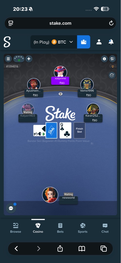 Stake Rummy gameplay showing a 4-player Points Rummy table with cards and player avatars