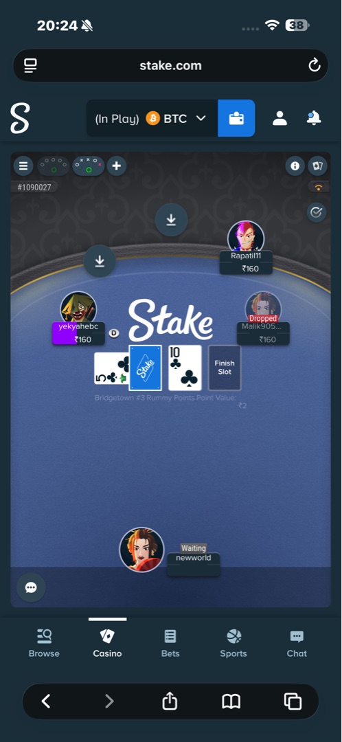 Stake Rummy in-game view showing cards being played on a Points Rummy table